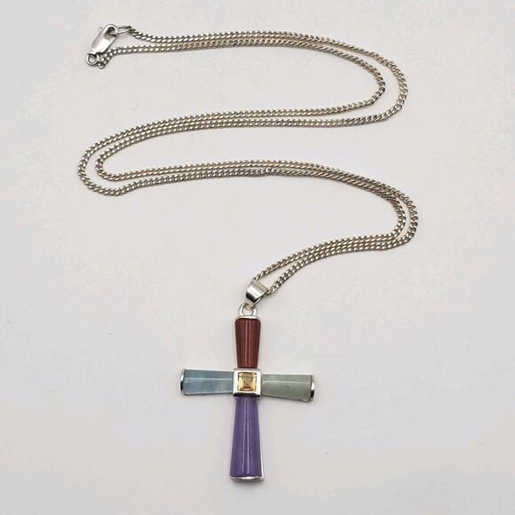 Sterling Silver Real Multicolor Jade Gem Cross Pendant w/ 24" Necklace - Picture 1 of 10
